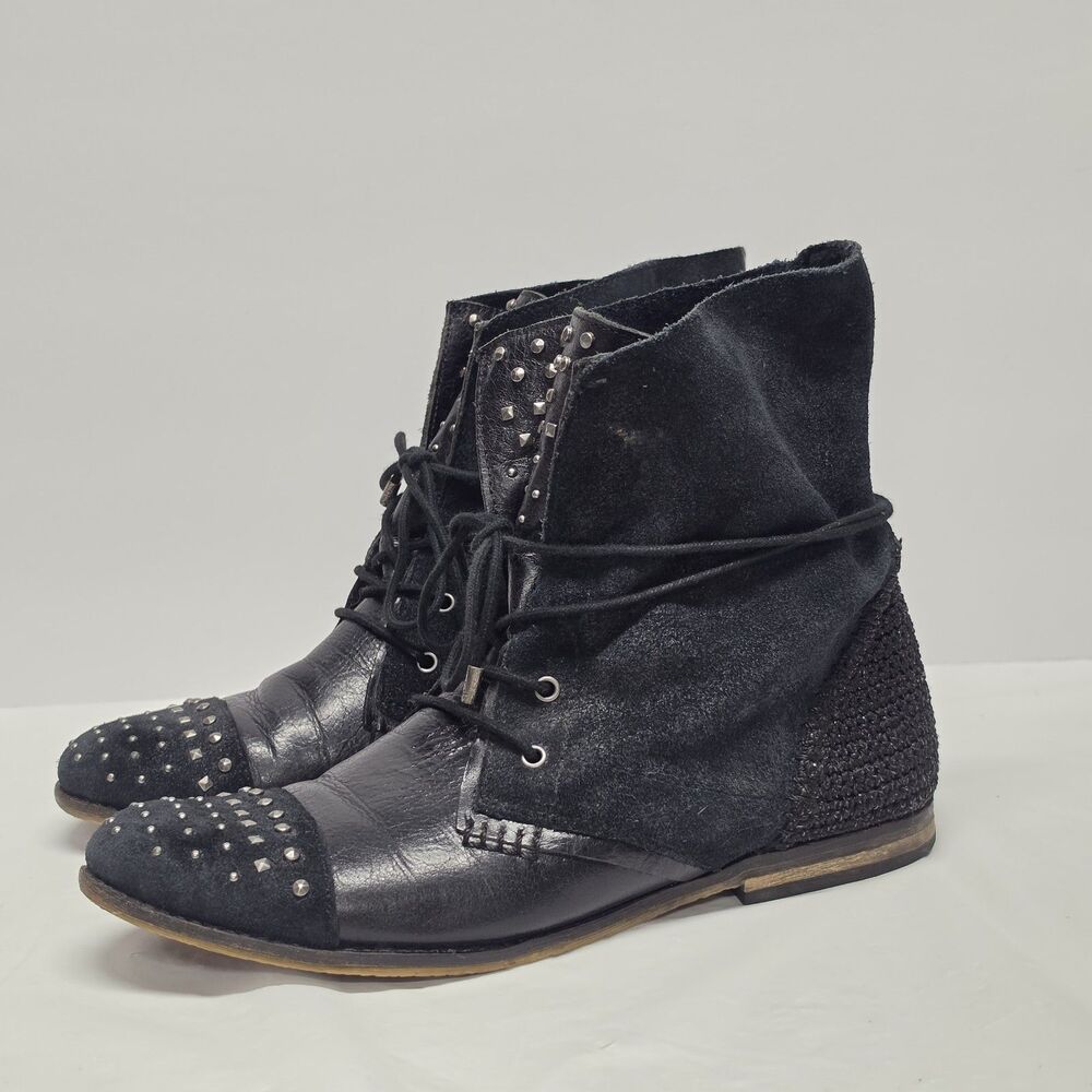 The SAK Black Leather Suede Studded Crochet Accent Slouchy Ankle Boots Women 9
